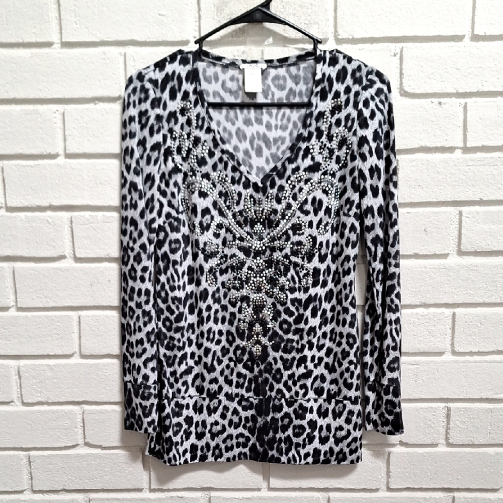 Cache Black and White Leopard Print Bling Detail Blouse. Size Small NWOT
